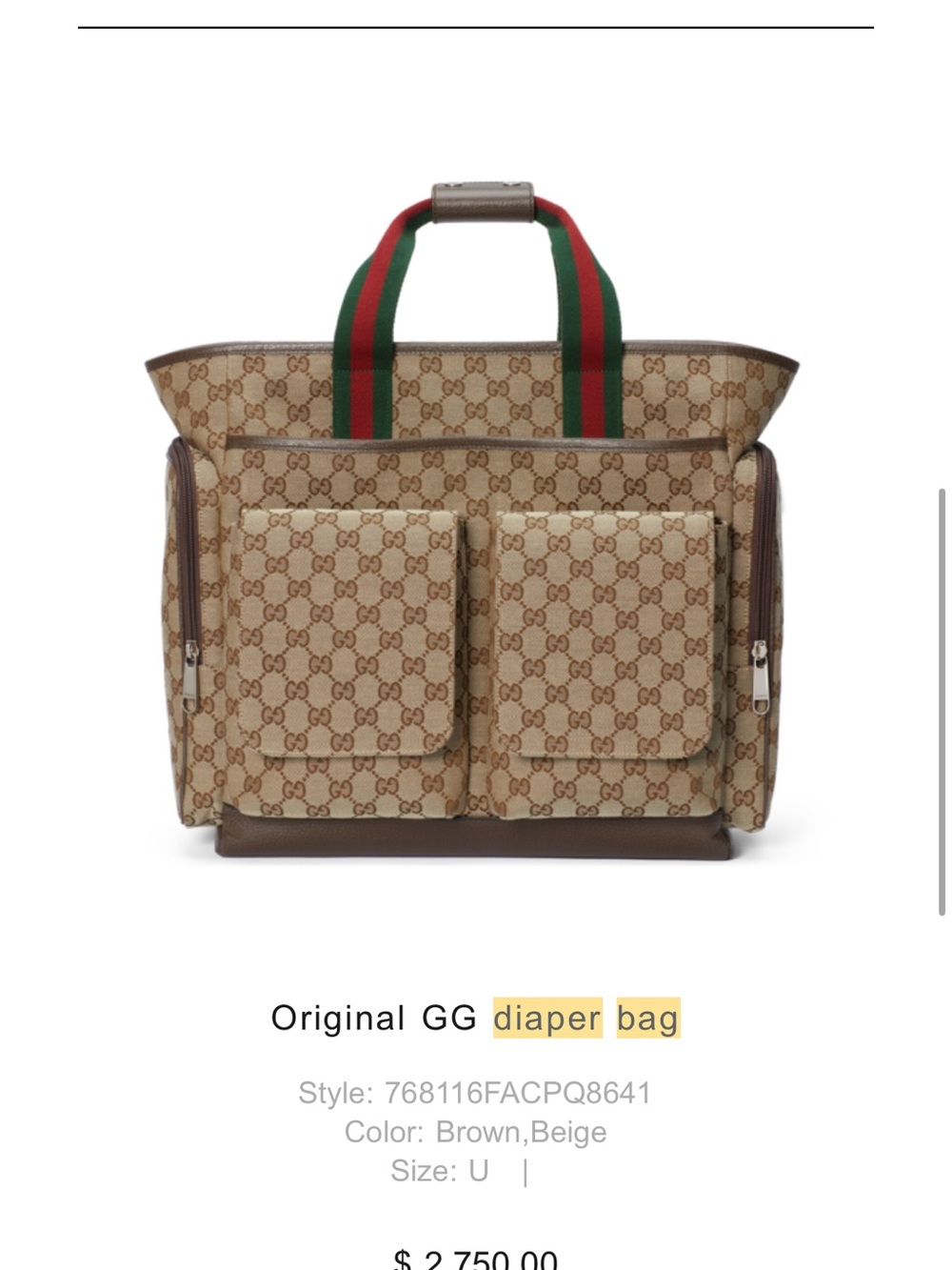 Original GG Diaper Bag. Beige/Brown GG Canvas